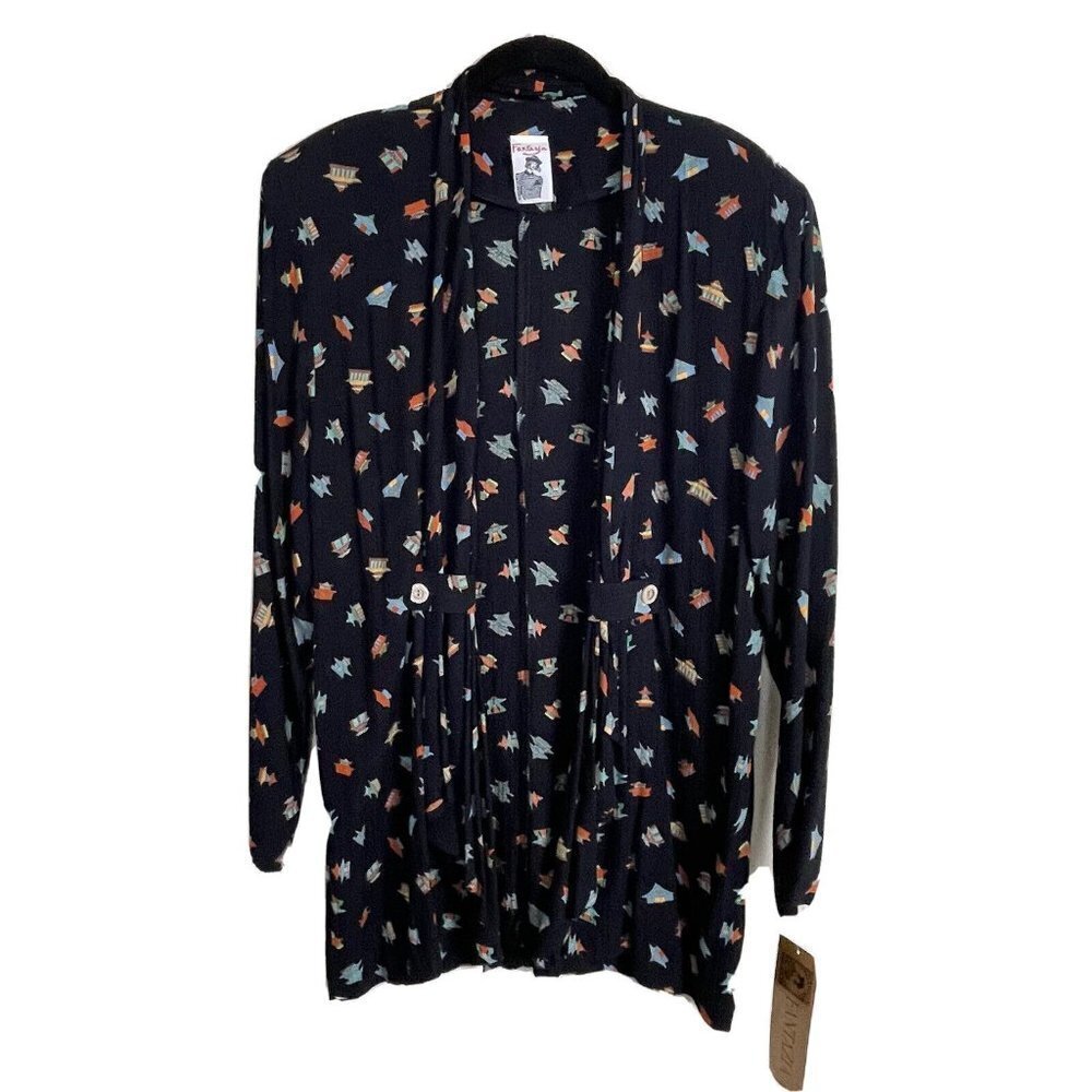 NWT Fantazia Art to‎ Wear Crepe Open Front Duster Size S USA Black Novelty Print